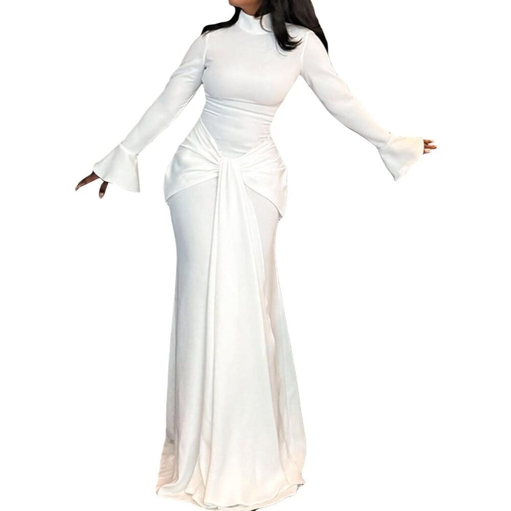 Women's White Long Sleeve Formal Body-con Elegant Ruched Tie Front Maxi Dress